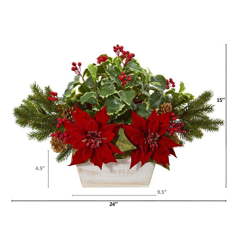 24" Poinsettia, Holly, Berry and Pine Artificial Arrangement in Planter