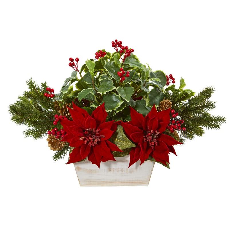 24" Poinsettia, Holly, Berry and Pine Artificial Arrangement in Planter