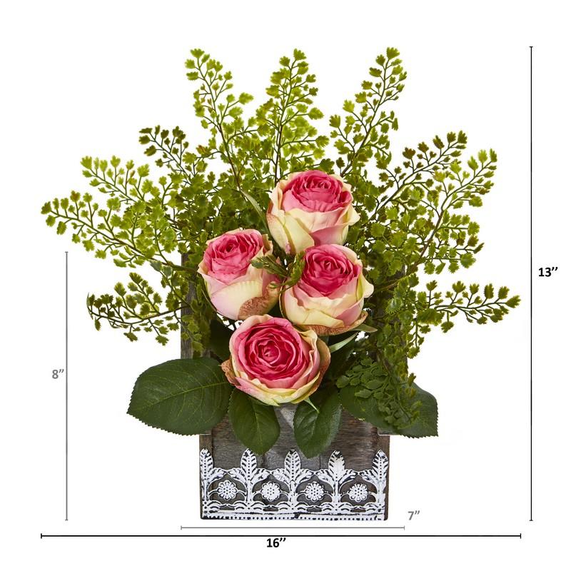 13" Rose and Maiden Hair Artificial Arrangement in Hanging Floral Design House Planter