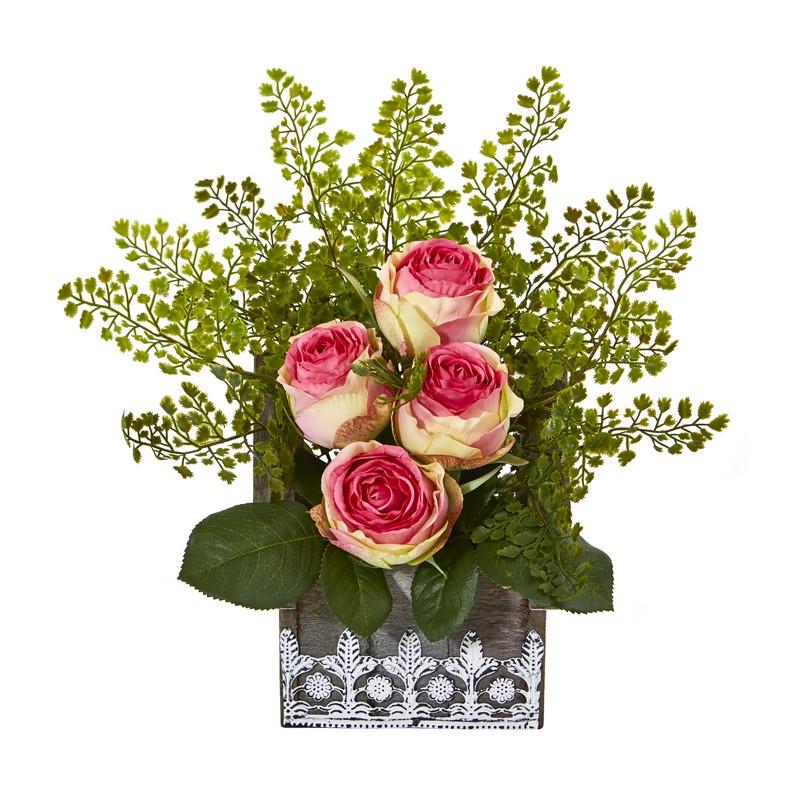 13" Rose and Maiden Hair Artificial Arrangement in Hanging Floral Design House Planter
