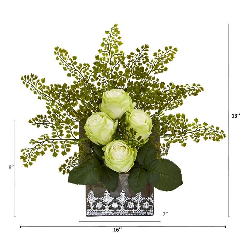 13" Rose and Maiden Hair Artificial Arrangement in Hanging Floral Design House Planter