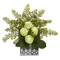 13" Rose and Maiden Hair Artificial Arrangement in Hanging Floral Design House Planter
