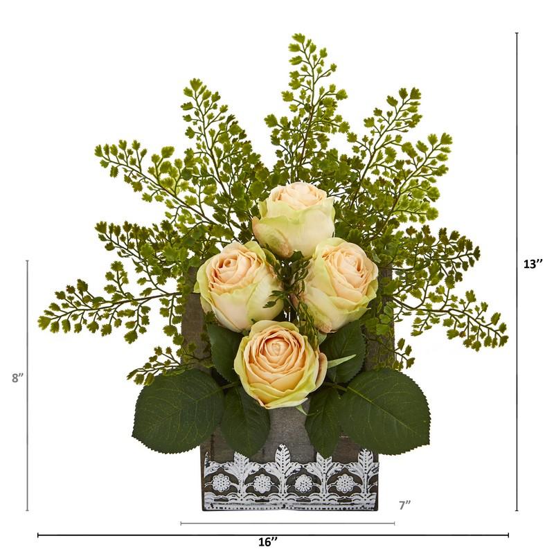 13" Rose and Maiden Hair Artificial Arrangement in Hanging Floral Design House Planter
