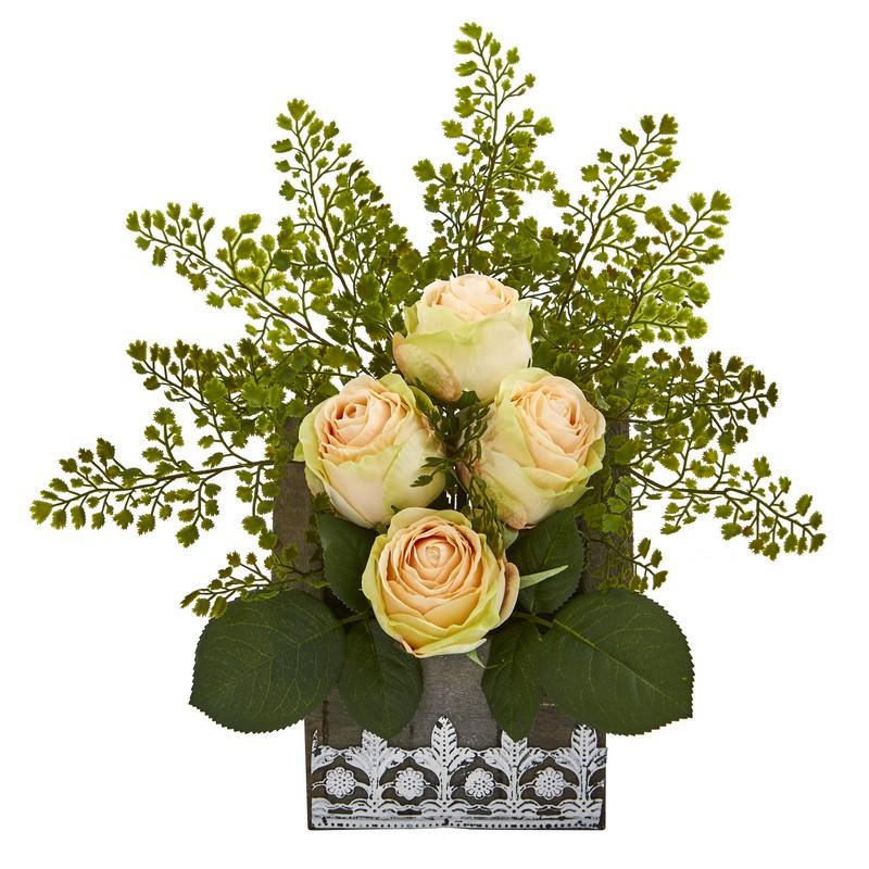 13" Rose and Maiden Hair Artificial Arrangement in Hanging Floral Design House Planter