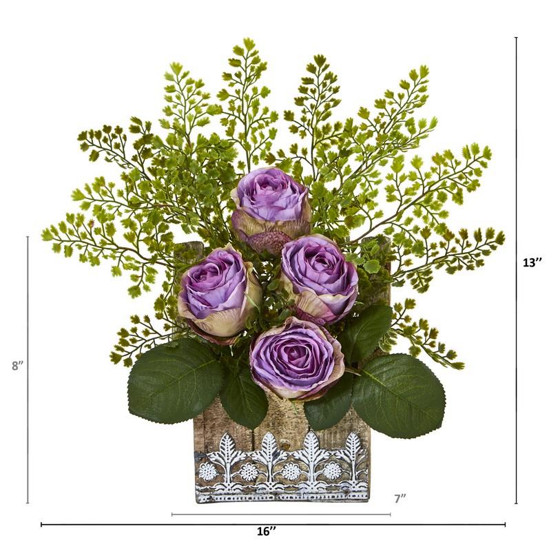 13" Rose and Maiden Hair Artificial Arrangement in Hanging Floral Design House Planter