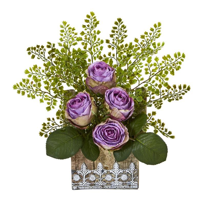 13" Rose and Maiden Hair Artificial Arrangement in Hanging Floral Design House Planter