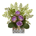 13" Rose and Maiden Hair Artificial Arrangement in Hanging Floral Design House Planter