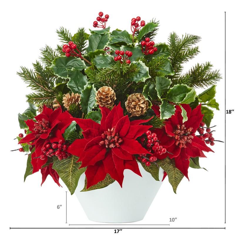 18" Poinsettia, Holly Leaf and Pine Artificial Arrangement in White Vase