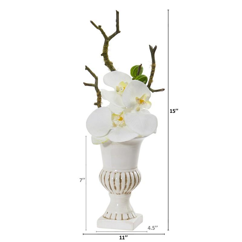 15" Phalaenopsis Orchid Artificial Arrangement in White Urn (Set of 2)