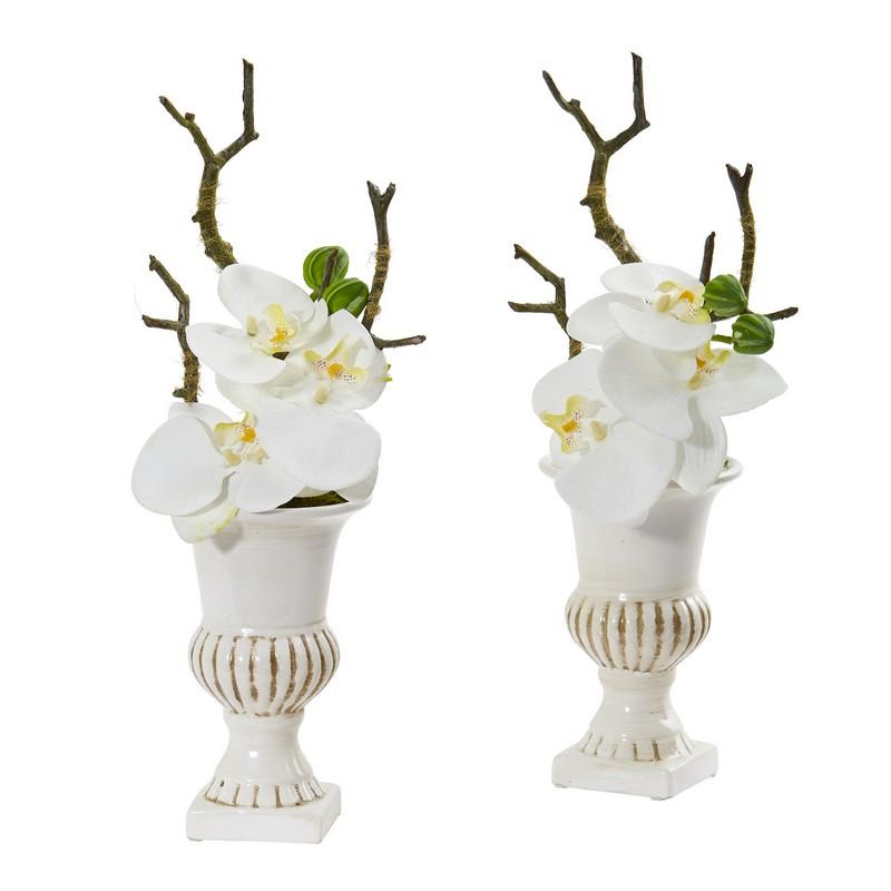 15" Phalaenopsis Orchid Artificial Arrangement in White Urn (Set of 2)