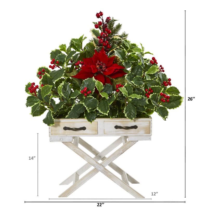 26" Poinsettia and Holly Berry Artificial Arrangement in Drawer Planter