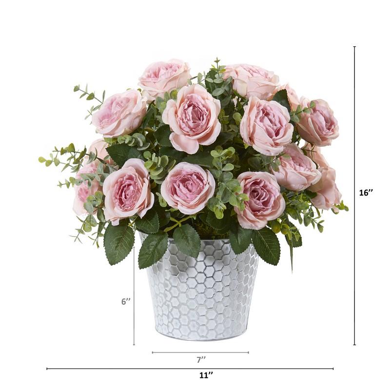16" Rose and Eucalyptus Artificial Arrangement in Tin Vase