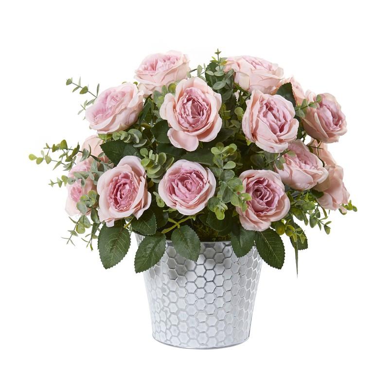 16" Rose and Eucalyptus Artificial Arrangement in Tin Vase