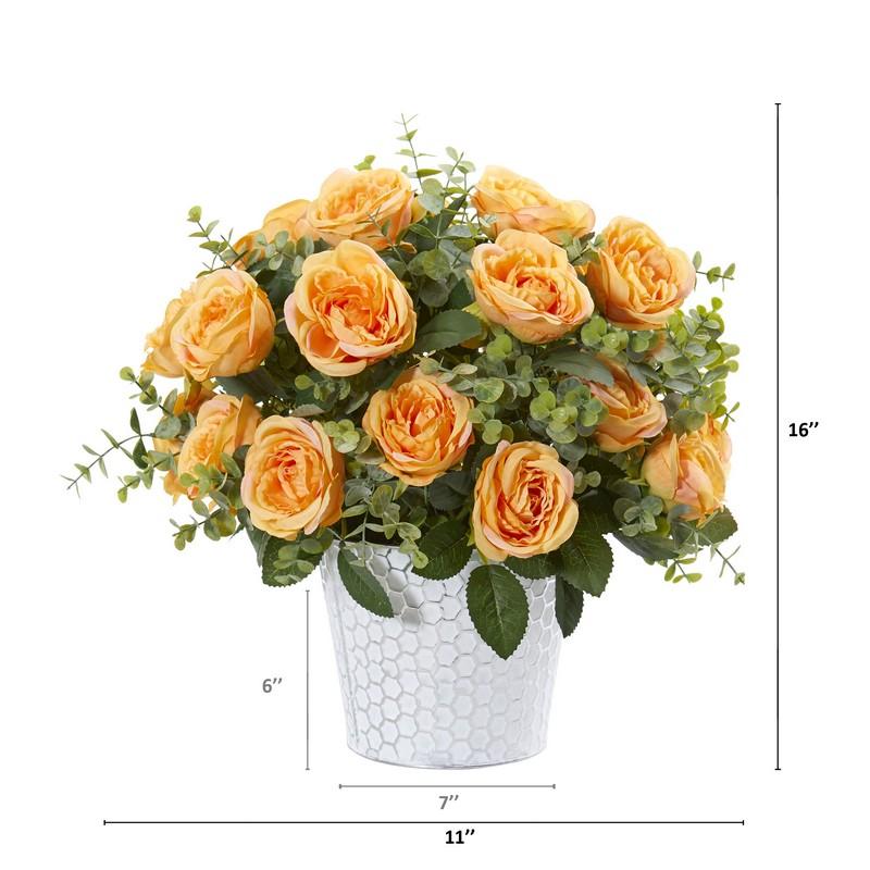 16" Rose and Eucalyptus Artificial Arrangement in Tin Vase