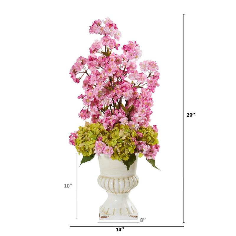 29" Hydrangea and Cherry Blossom Artificial Arrangement in White Urn