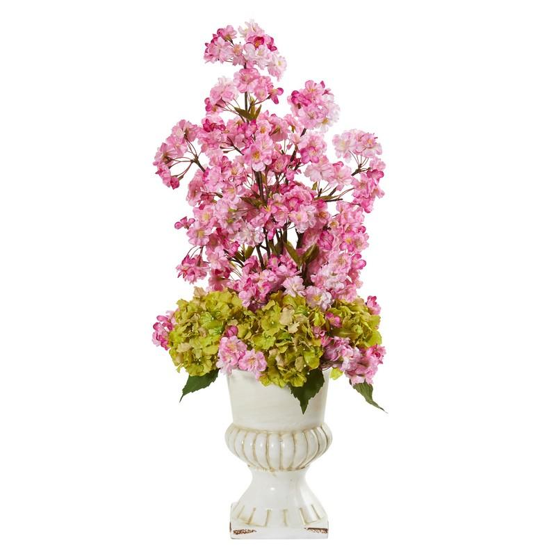 29" Hydrangea and Cherry Blossom Artificial Arrangement in White Urn