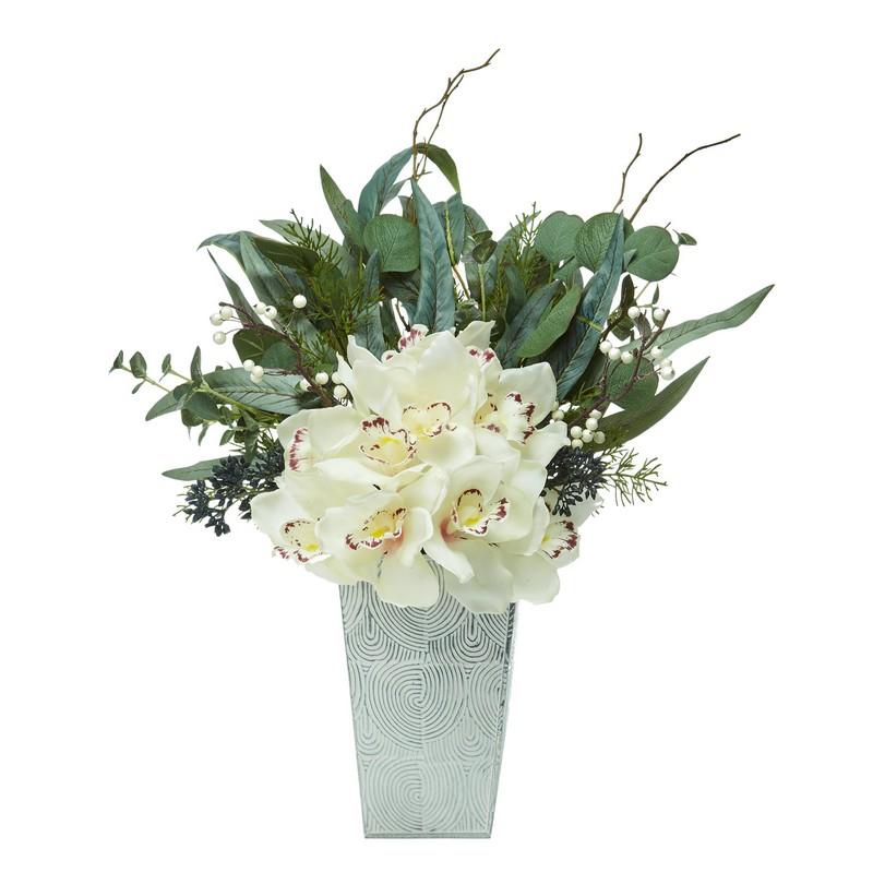21" Cymbidium Orchid and Eucalyptus Artificial Arrangement