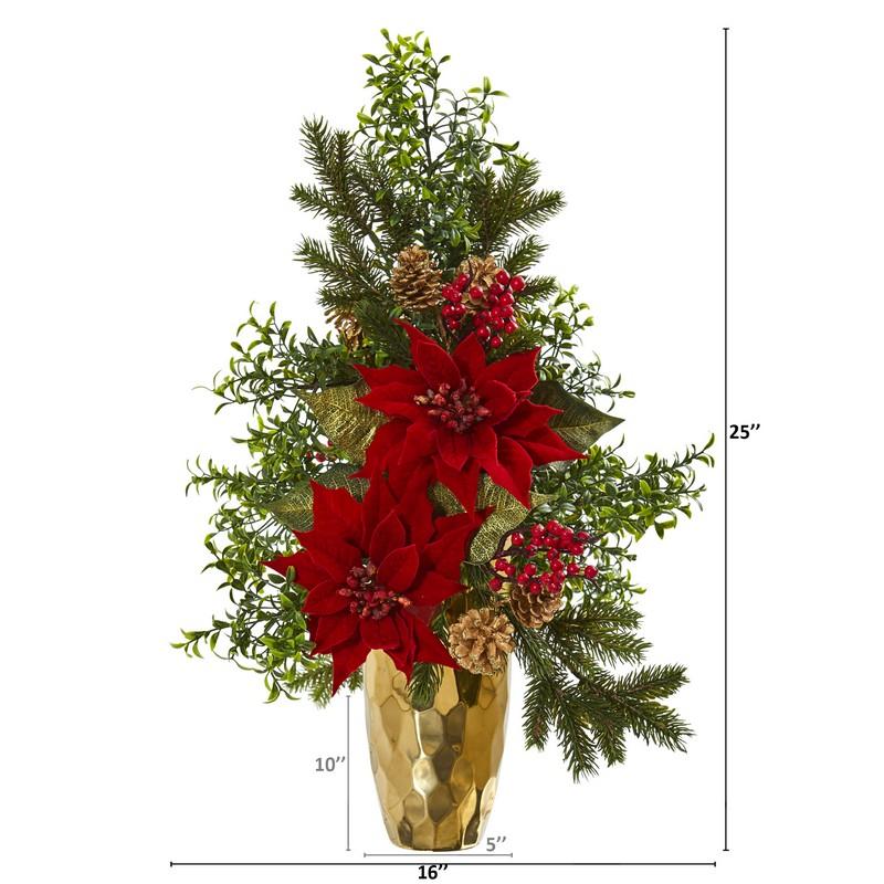 25" Poinsettia, Boxwood and Pine Artificial Arrangement in Gold Vase