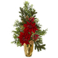 25" Poinsettia, Boxwood and Pine Artificial Arrangement in Gold Vase