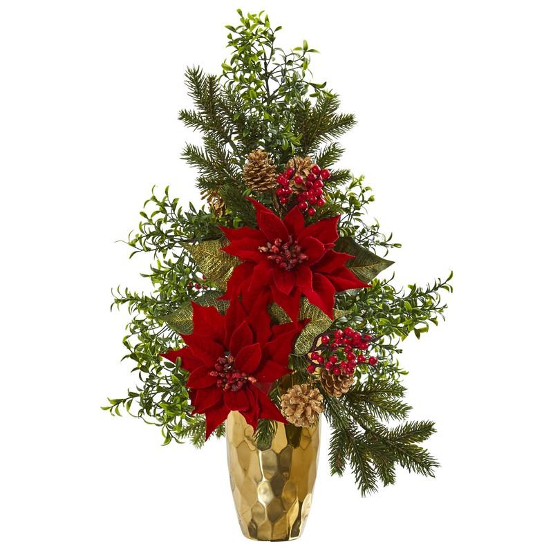 25" Poinsettia, Boxwood and Pine Artificial Arrangement in Gold Vase
