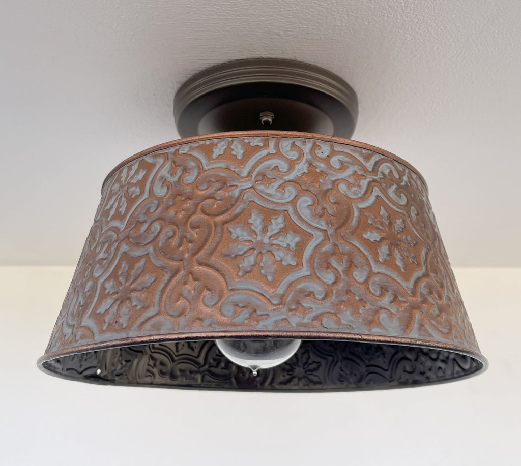 Ornate Copper Flush Mount Ceiling Light | 12" | Rustic Farmhouse