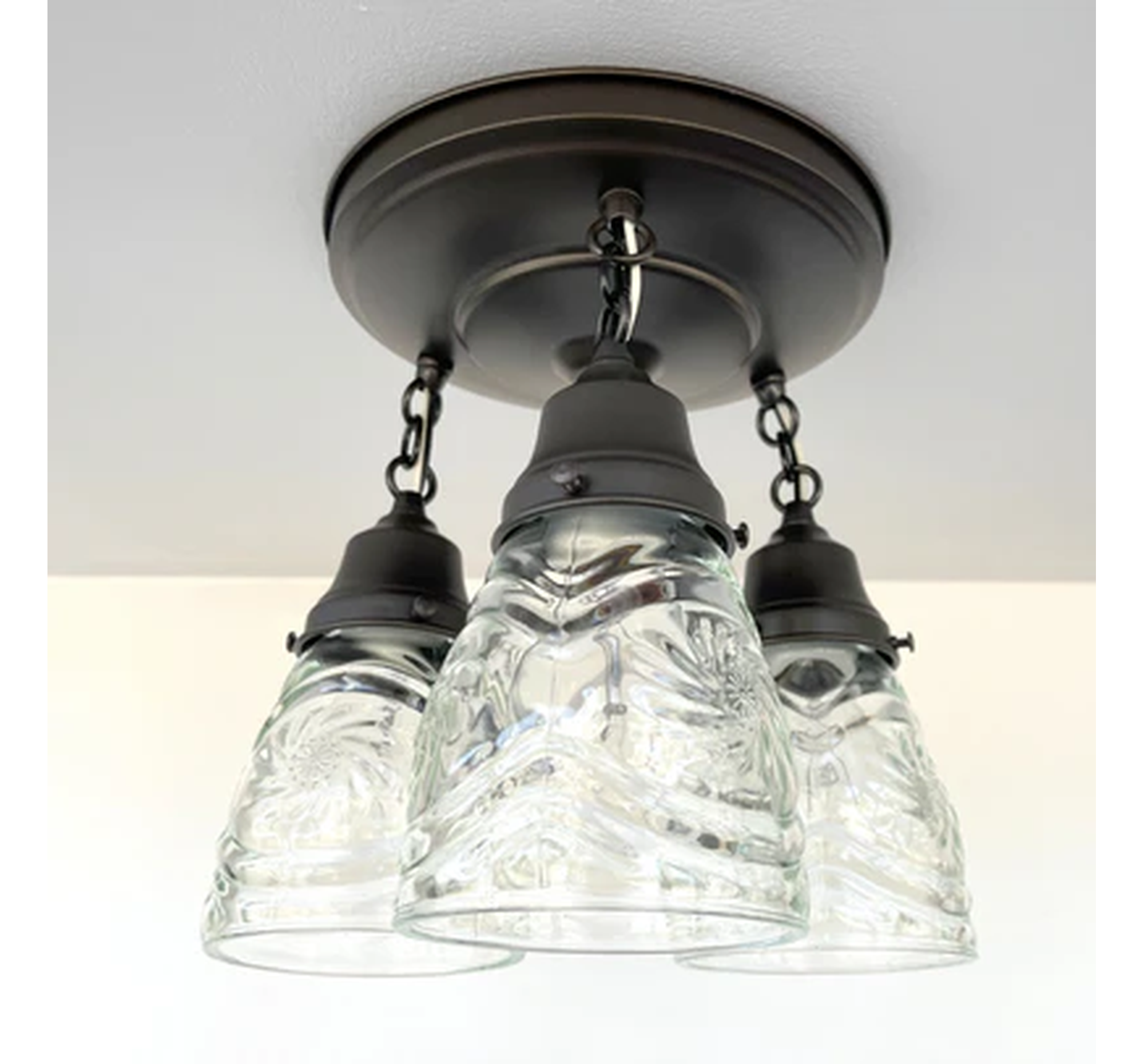 Pressed 1960's Glass Ceiling Light diamond Chain Trio