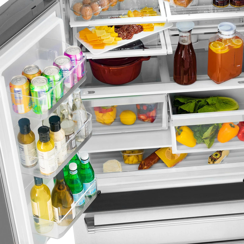 ZLINE Autograph Edition 36" 4-Door French Door Refrigerator, Water, Ice Dispenser, Stainless Steel, Polished Gold Square Handles RFMZ-W-36-FG