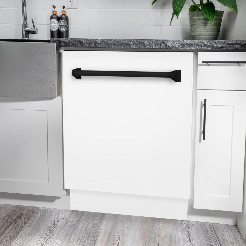 ZLINE 24" Autograph Dishwasher, White Door, Black Handle, DWVZ-WM-24-MB