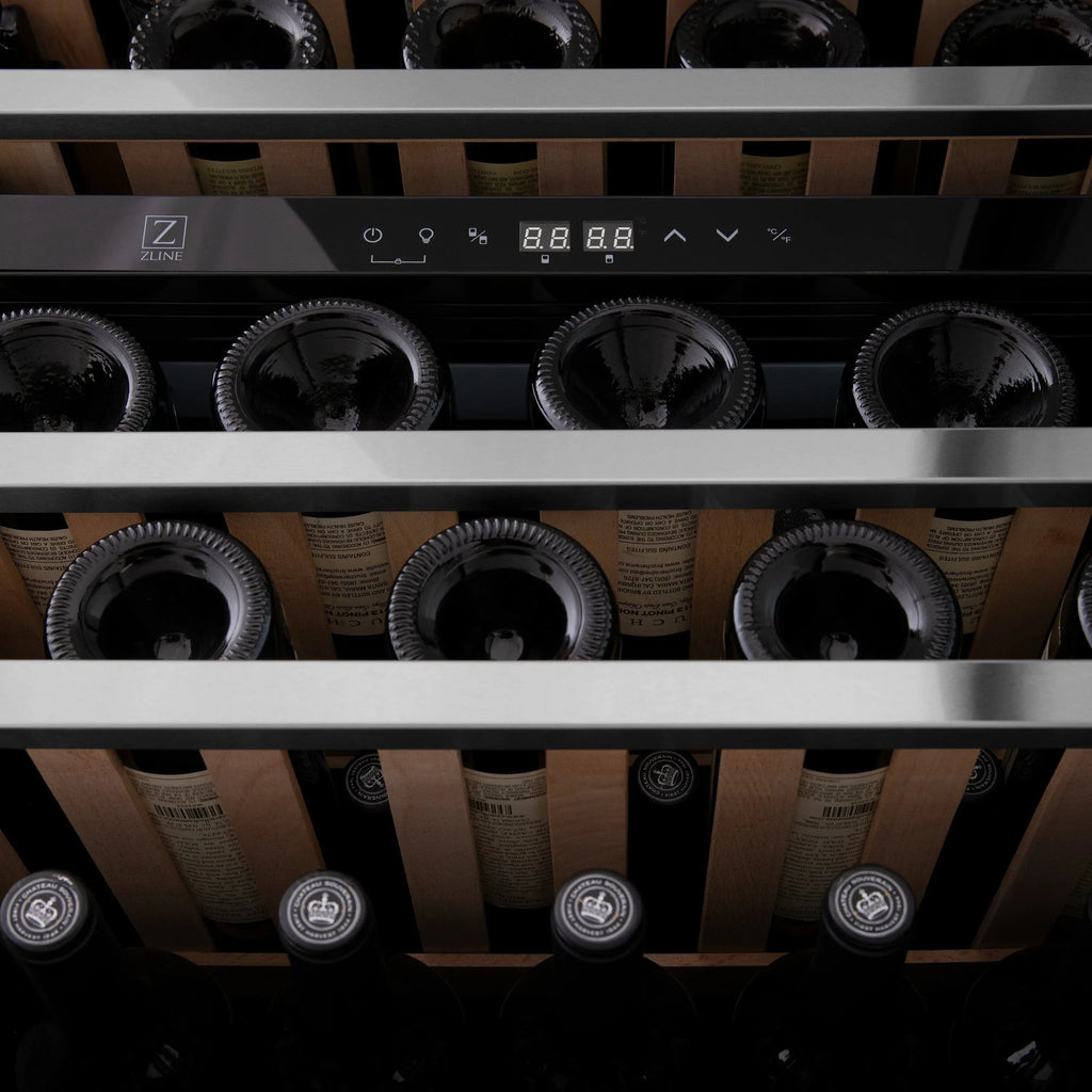 ZLINE 24" Autograph Edition Dual Zone 44-Bottle Wine Cooler in Stainless Steel with Wood Shelf and Champagne Bronze Accents RWV-UD-24-CB