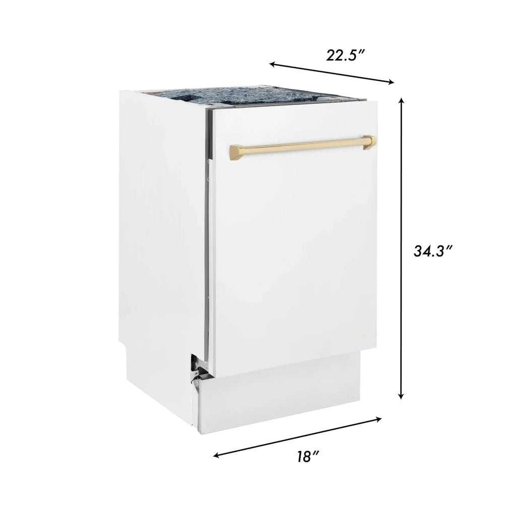 ZLINE 18"Autograph Dishwasher, White door, Gold Handle, DWVZ-WM-18-G