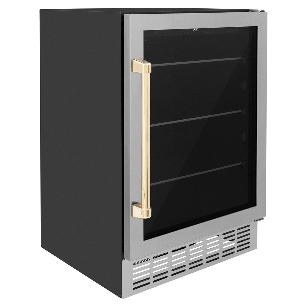 ZLINE 24" Autograph Edition 154 Can Beverage Cooler Fridge with Adjustable Shelves in Stainless Steel with Gold Accents RBVZ-US-24-G