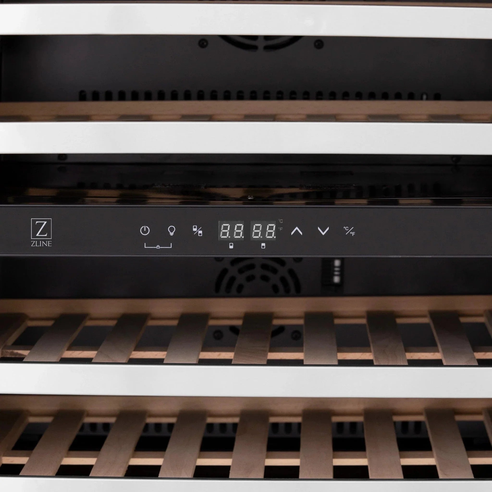 ZLINE 24" Autograph Edition Dual Zone 44-Bottle Wine Cooler in Stainless Steel with Wood Shelf and Matte Black Accents RWVZ-UD-24-MB