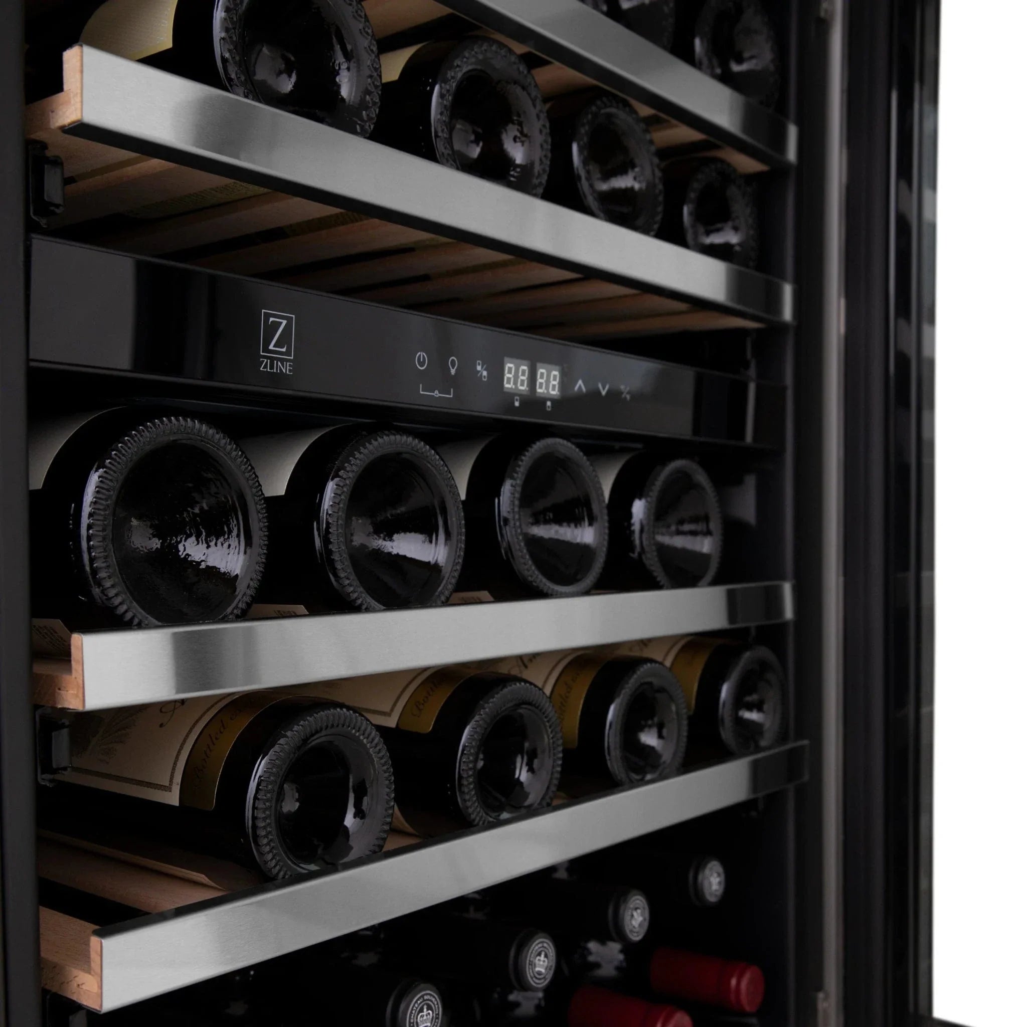 ZLINE 24" Dual Zone 44-Bottle Wine Cooler in Stainless Steel with Wood Shelf RWV-UD-24