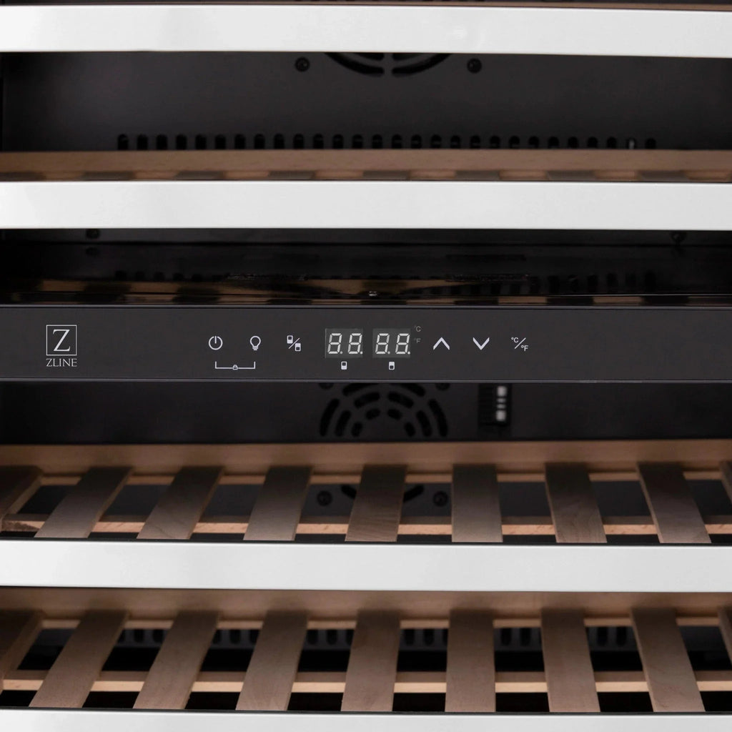 ZLINE 24" Dual Zone 44-Bottle Wine Cooler in Stainless Steel with Wood Shelf RWV-UD-24