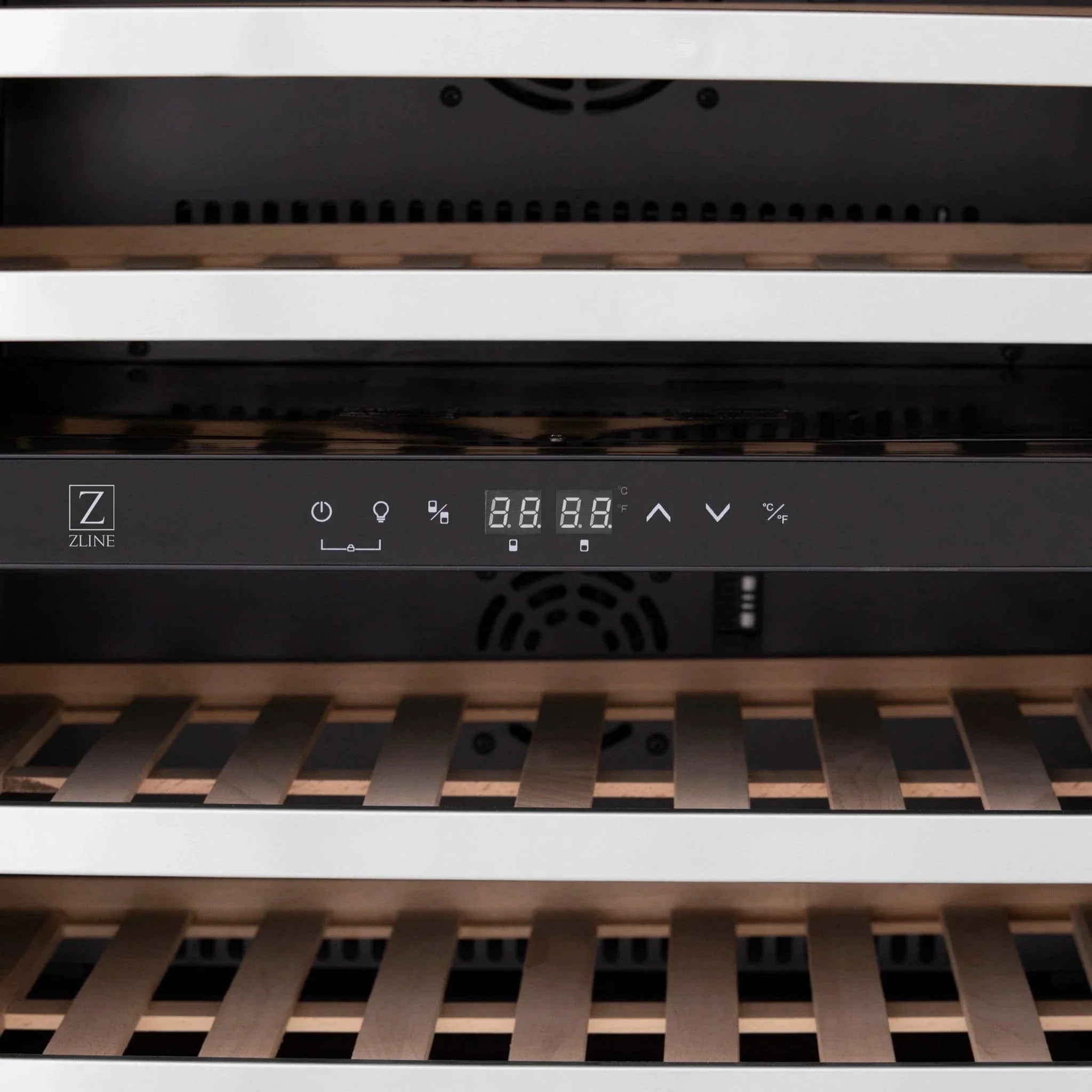 ZLINE 24" Dual Zone 44-Bottle Wine Cooler in Stainless Steel with Wood Shelf RWV-UD-24