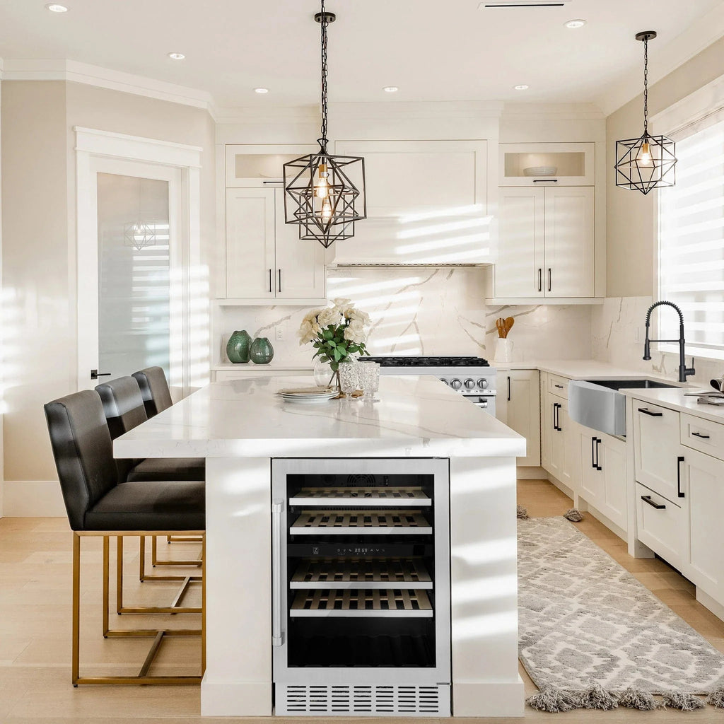 ZLINE 24" Dual Zone 44-Bottle Wine Cooler in Stainless Steel with Wood Shelf RWV-UD-24