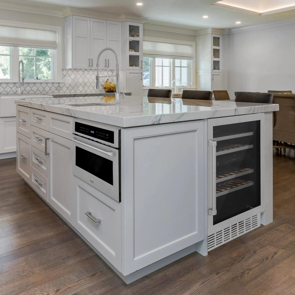 ZLINE 24" Dual Zone 44-Bottle Wine Cooler in Stainless Steel with Wood Shelf RWV-UD-24