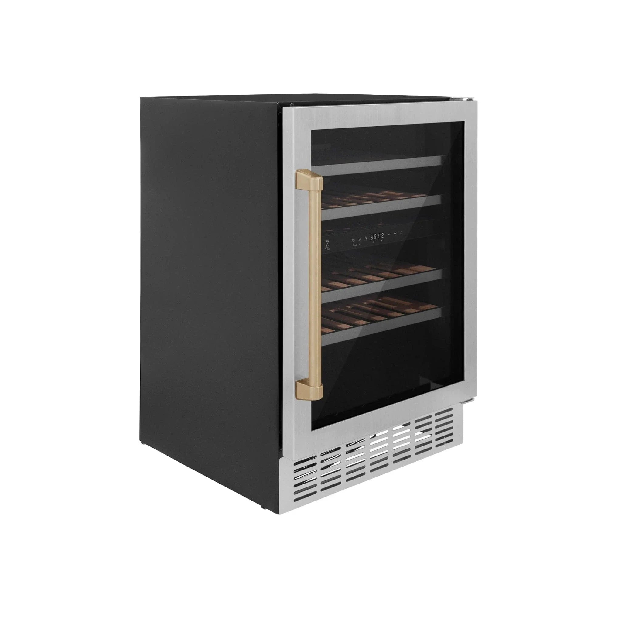 ZLINE 24" Monument Autograph Edition Dual Zone 44-Bottle Wine Cooler in Stainless Steel with Champagne Bronze Accents RWVZ-UD-24-CB