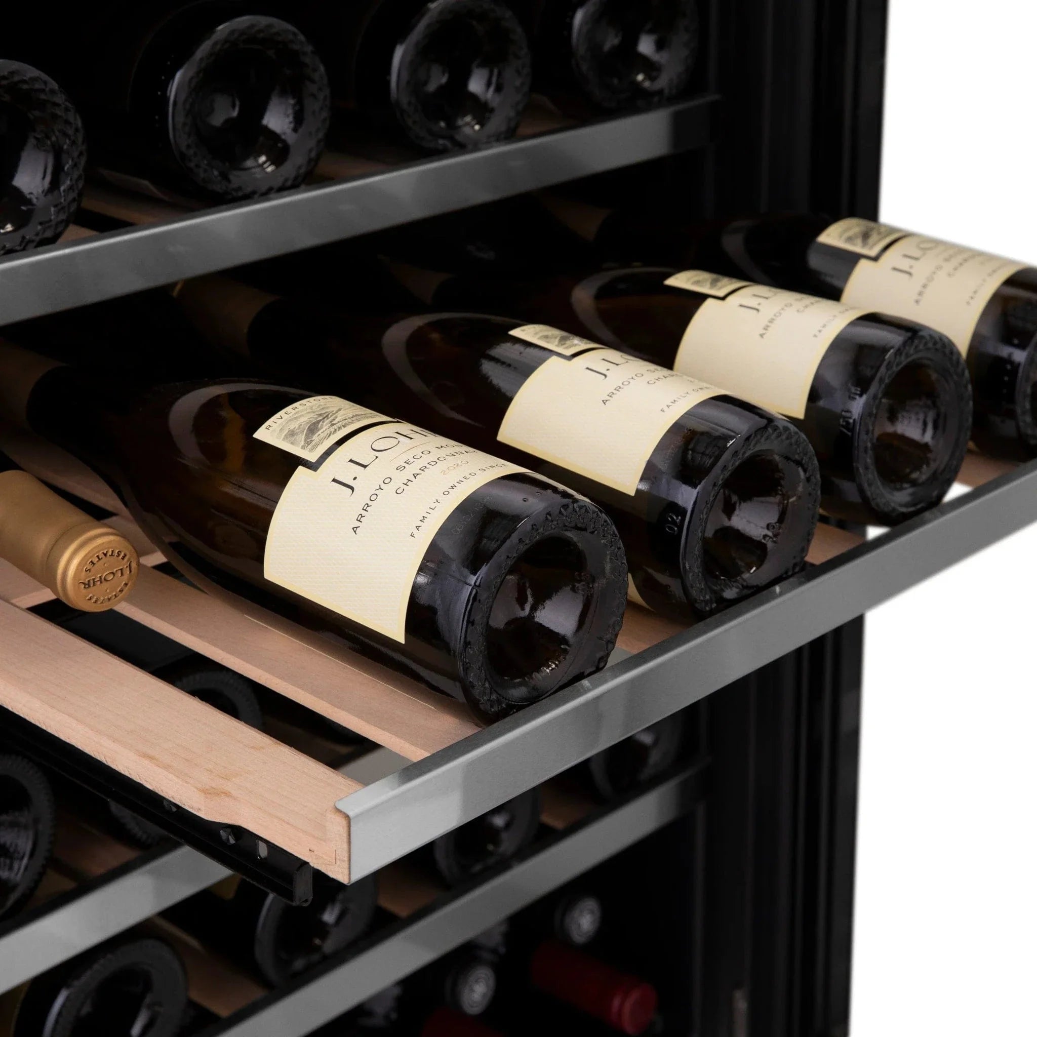 ZLINE 24" Monument Autograph Edition Dual Zone 44-Bottle Wine Cooler in Stainless Steel with Champagne Bronze Accents RWVZ-UD-24-CB