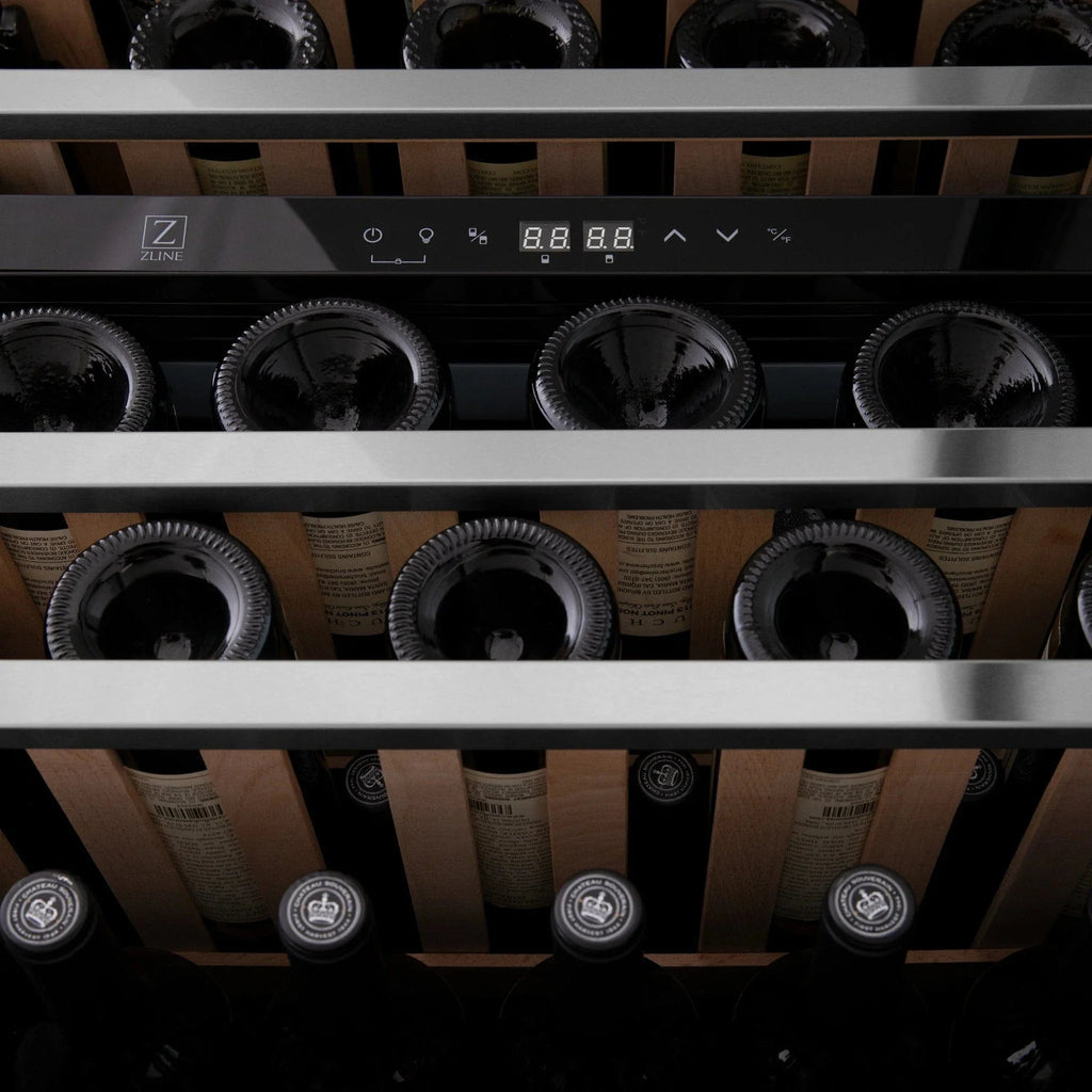 ZLINE 24" Monument Autograph Edition Dual Zone 44-Bottle Wine Cooler in Stainless Steel with Champagne Bronze Accents RWVZ-UD-24-CB