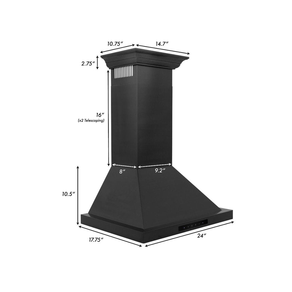 ZLINE 24" Wall Mount Range Hood In Black Stainless Steel With Crown Molding, BSKBNCRN-24