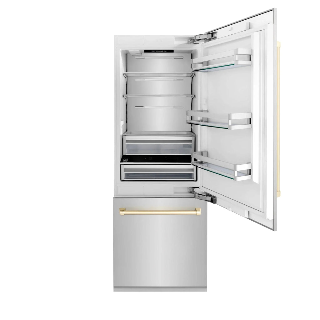 ZLINE 30” Autograph 16.1 cu. ft. 2-Door Bottom Freezer Fridge Water/Ice Dispenser Stainless Steel Gold Accents RBIVZ-304-30-G