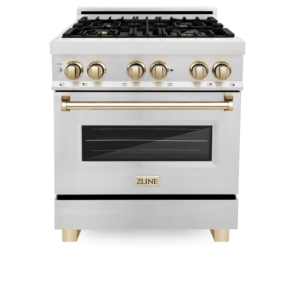 ZLINE 30" Autograph Dual Fuel Range, DuraSnow Stainless, Gold, RASZ-SN-30-G