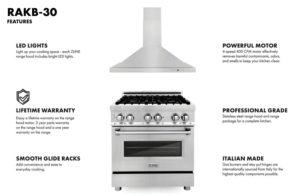 ZLINE 30" Bundle Range RA30 &  Wall Range Hood KB-30, 2KP-RARH30