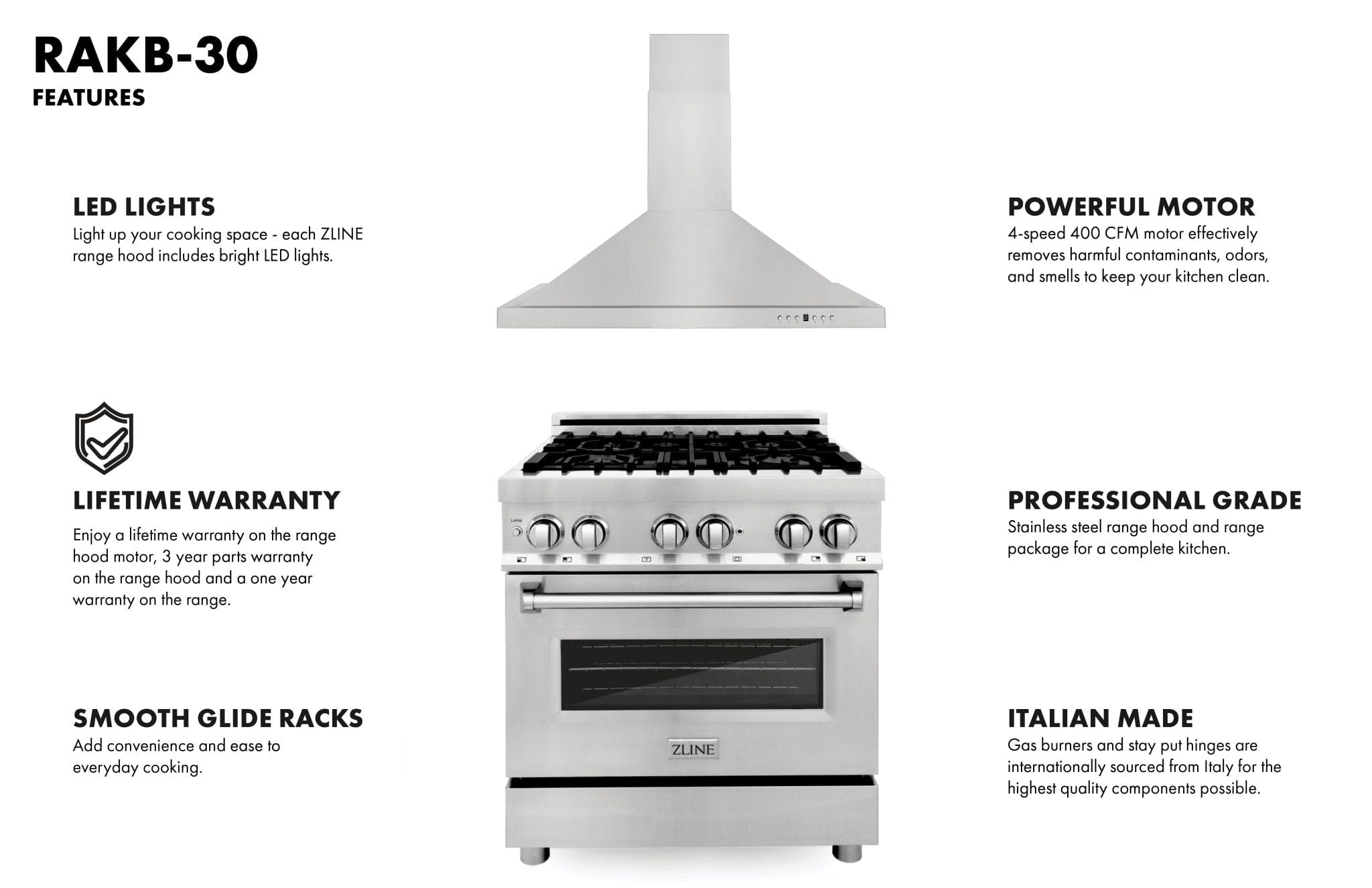 ZLINE 30" Bundle Range RA30 &  Wall Range Hood KB-30, 2KP-RARH30