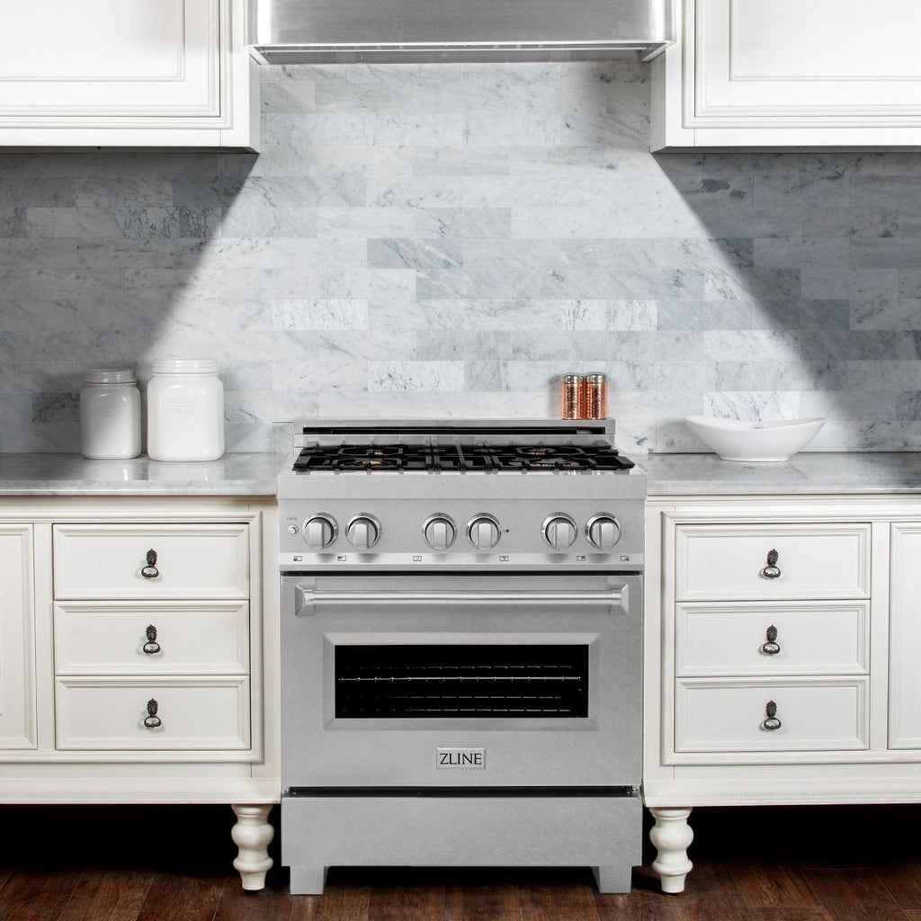 ZLINE 30" Dual Fuel Range, DuraSnow, Stainless, Brass Burners, RAS-SN-BR-30