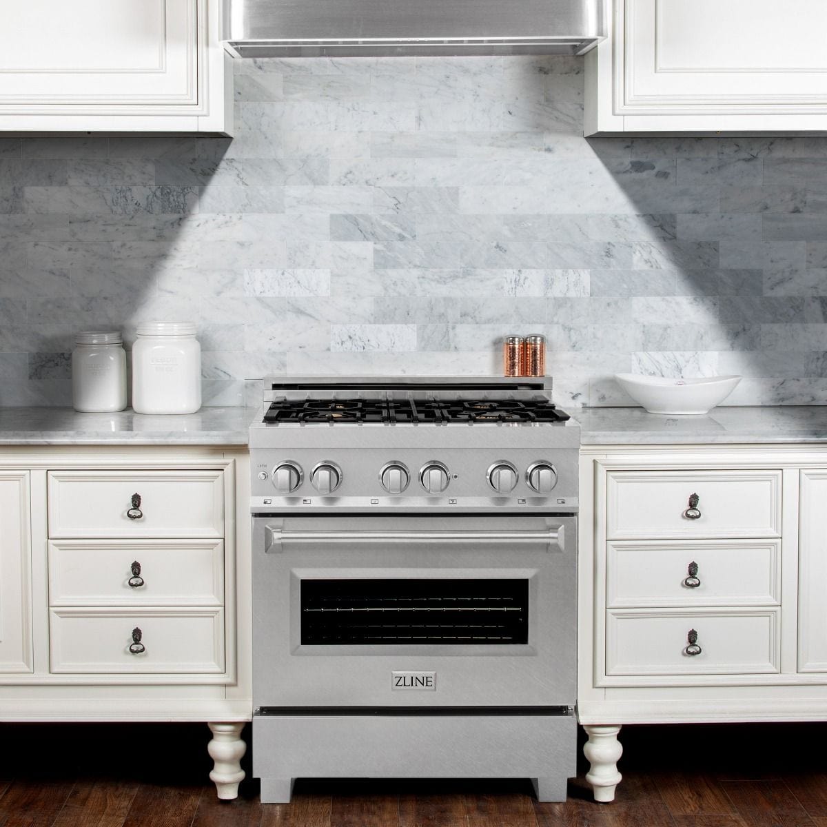 ZLINE 30" Dual Fuel Range, DuraSnow, Stainless, Brass Burners, RAS-SN-BR-30