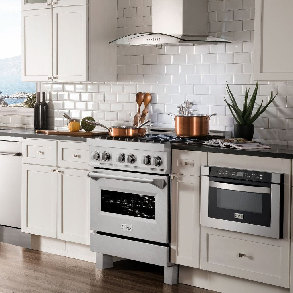 ZLINE 30" Dual Fuel Range, DuraSnow, Stainless, Brass Burners, RAS-SN-BR-30