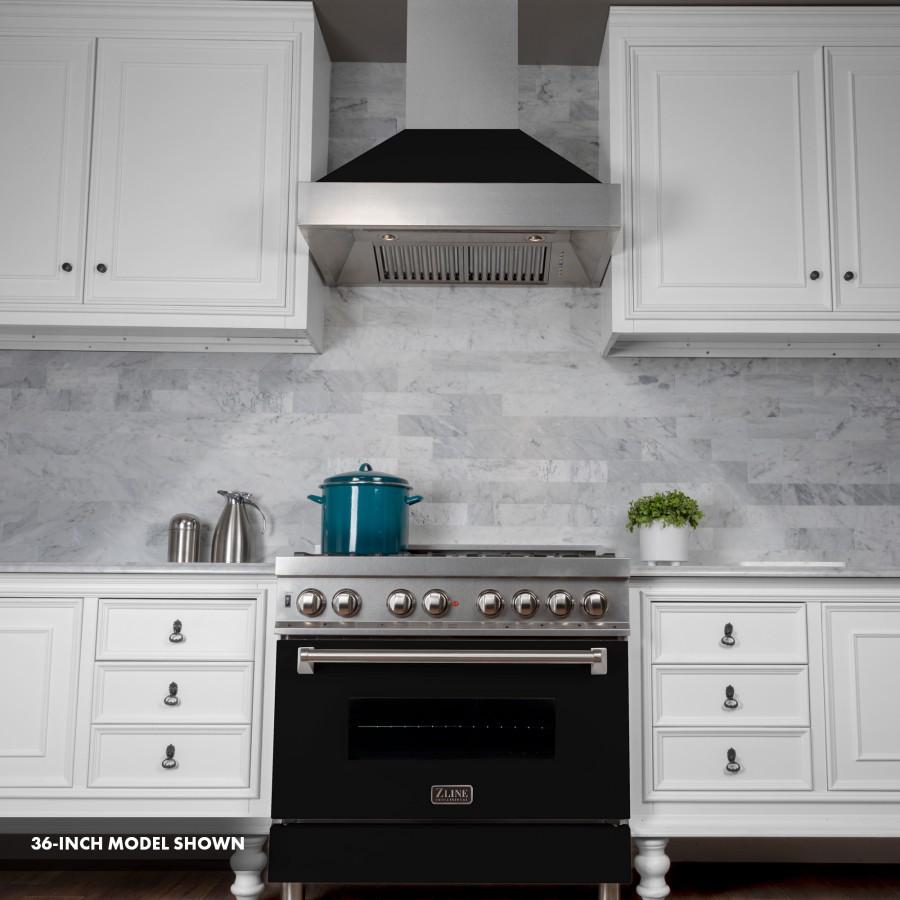 ZLINE 30" Professional Dual Fuel Range, Snow Stainless, Black Matte Door, RAS-BLM-30