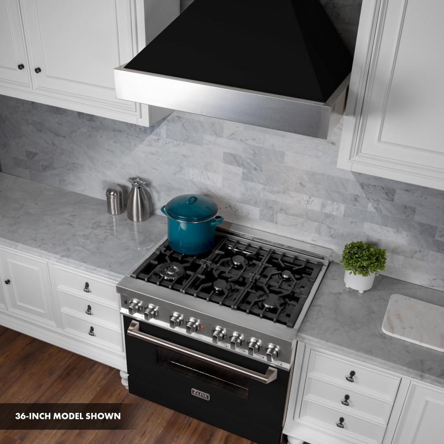 ZLINE 30" Professional Dual Fuel Range, Snow Stainless, Black Matte Door, RAS-BLM-30